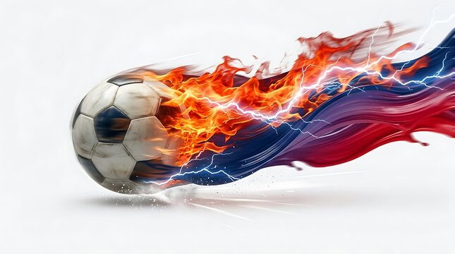 Speeding Soccer Ball with Dynamic Orange Fire Flames and Curving Blue and Red Liquid Waves