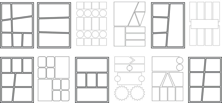 Blank comic book page layout set, manga grid template, photo collage frame, storyboard vector