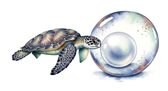 Sea turtle swimming towards a giant luminous pearl