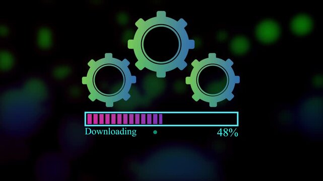 Neon Downloading Progress Bar with Gear Settings Icons, Software Installation and System Update Animation, Digital Technology Interface, Data Transfer Indicator, Modern UI UX Design Element.