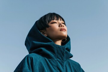 Obraz premium Young woman portrait in a teal hooded coat looking upward into clear sky for fashion banner and minimalist editorial background