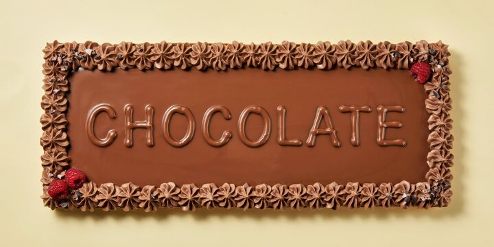 Chocolate dessert with decorative border on light surface