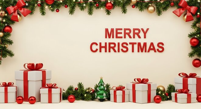 Festive christmas background with gifts and garland holiday season greetings
