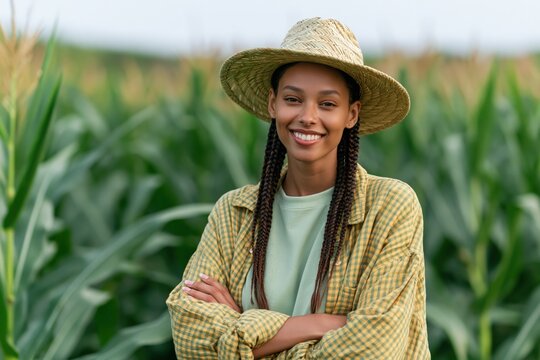 Smiling young female farmer in cornfield wearing straw hat and checked overshirt for agricultural portrait and rural lifestyle background