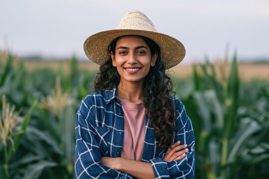 Smiling female farmer portrait in cornfield with straw hat and checked shirt for agricultural website banner and rural marketing background