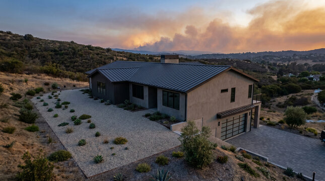 Wildfire-resistant home with defensible space in a dry hillside landscape