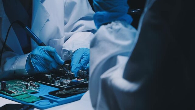 Professional technician soldering PCB circuit board with precision tools in electronics lab, showcasing hardware engineering, manufacturing, repair
