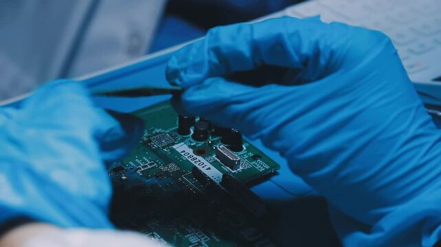 Professional technician soldering PCB circuit board with precision tools in electronics lab, showcasing hardware engineering, manufacturing, repair