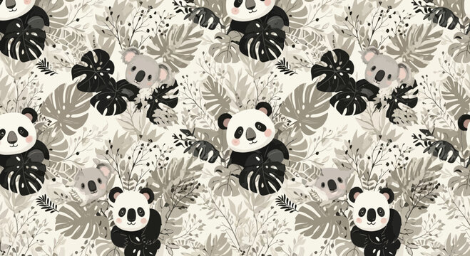 Panda and Koala Adorable Cartoon Characters with Jungle Leaves Seamless Pattern for Kids Fabric