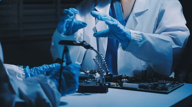 Professional technician soldering PCB circuit board with precision tools in electronics lab, showcasing hardware engineering, manufacturing, repair