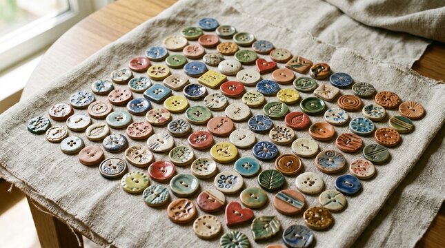 Handmade colorful ceramic buttons arranged on linen cloth