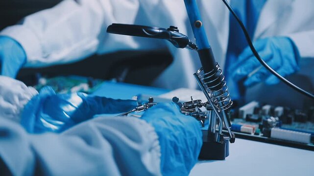 Professional technician soldering PCB circuit board with precision tools in electronics lab, showcasing hardware engineering, manufacturing, repair