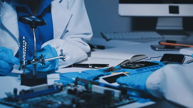 Professional technician soldering PCB circuit board with precision tools in electronics lab, showcasing hardware engineering, manufacturing, repair