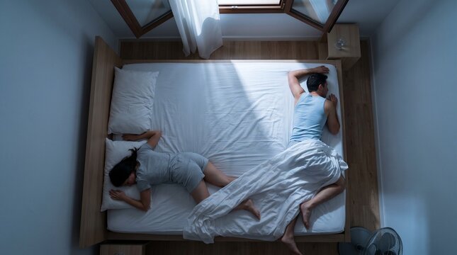 Overhead Couple Sleeping Apart During Hot Summer Night In Bedroom
