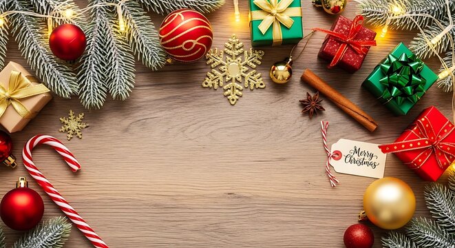 Festive christmas decorations flatlay gifts ornaments and holiday cheer