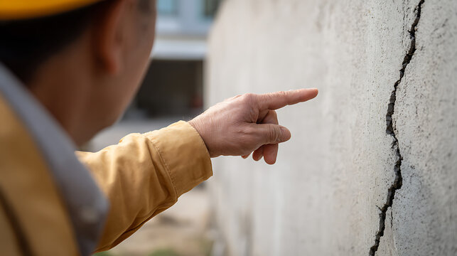 Engineer or inspector identify structural damage, point at large crack on white concrete wall of building exterior, show defect or need for repair