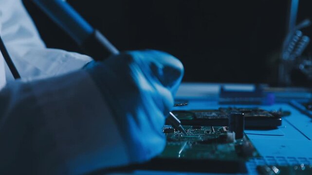 Professional technician soldering PCB circuit board with precision tools in electronics lab, showcasing hardware engineering, manufacturing, repair
