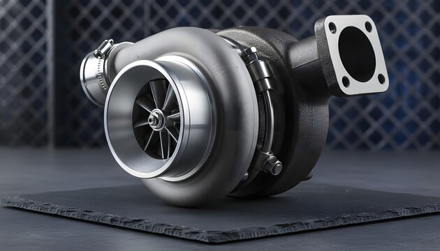 Close-up of a high-performance marine engine turbocharger on a slate surface, showcasing industrial power and precision engineering concept
