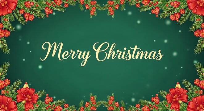 Merry christmas festive background with poinsettias and evergreen garland