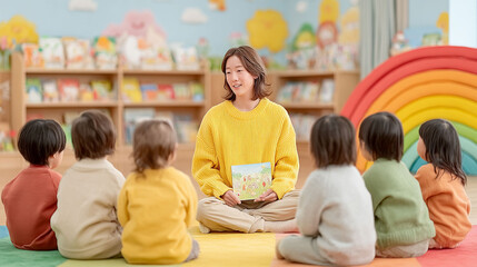 Fototapeta premium Engaging moment of a Korean preschool teacher reading a storybook to attentive children on a colorful classroom rug. Bright decor, high-resolution photography, perfect for educational and child concep