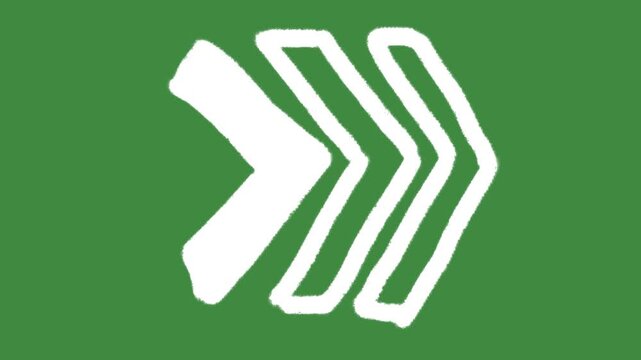 Fast forward chevron arrow hand-drawn cartoon graphic with chalk outline double skip icon isolated on green screen background for navigation pointer line art element concept.