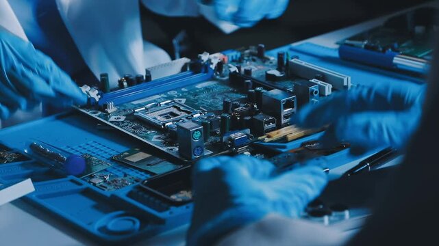 Professional technician soldering PCB circuit board with precision tools in electronics lab, showcasing hardware engineering, manufacturing, repair