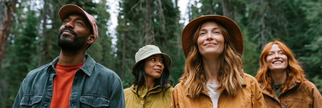 Four friends exploring a pine forest together for nature background and wellness poster design