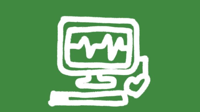 Hospital computer monitor lifeline hand-drawn cartoon graphic with chalk outline ECG heartbeat screen icon isolated on green screen background for medical diagnostic and healthcare line art.