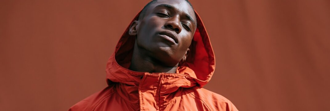 Closeup portrait of a confident young man in an orange hooded jacket against a muted terracotta backdrop for editorial banner and apparel design