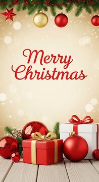 Festive christmas scene with gifts ornaments and holiday greetings