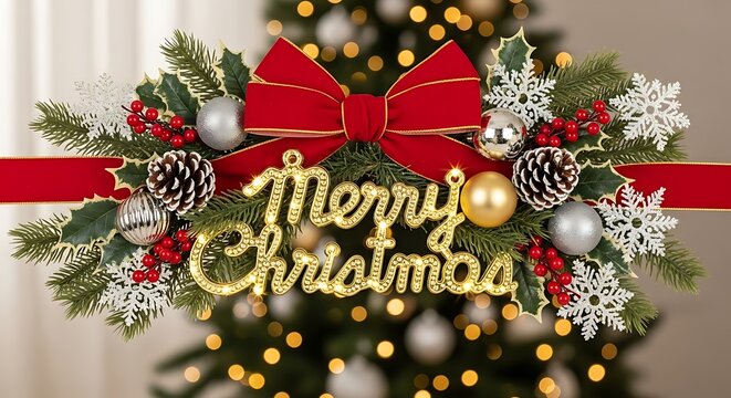 Festive christmas decoration with 'merry christmas' script and red ribbon