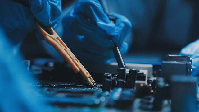 Professional technician soldering PCB circuit board with precision tools in electronics lab, showcasing hardware engineering, manufacturing, repair