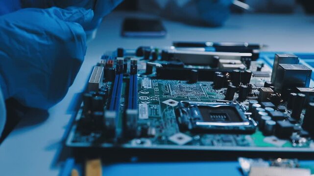 Professional technician soldering PCB circuit board with precision tools in electronics lab, showcasing hardware engineering, manufacturing, repair