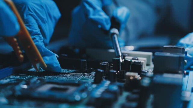 Professional technician soldering PCB circuit board with precision tools in electronics lab, showcasing hardware engineering, manufacturing, repair