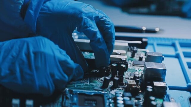 Professional technician soldering PCB circuit board with precision tools in electronics lab, showcasing hardware engineering, manufacturing, repair