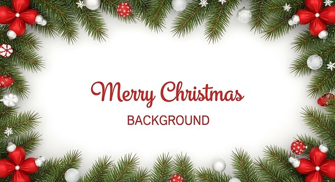 Festive christmas border with pine branches ornaments and red bows