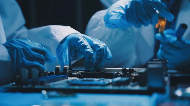 Professional technician soldering PCB circuit board with precision tools in electronics lab, showcasing hardware engineering, manufacturing, repair