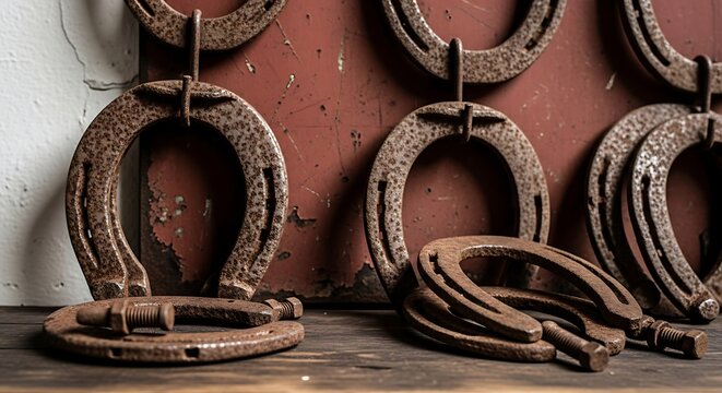 Rustic horseshoe collection on wooden surface and distressed red wall