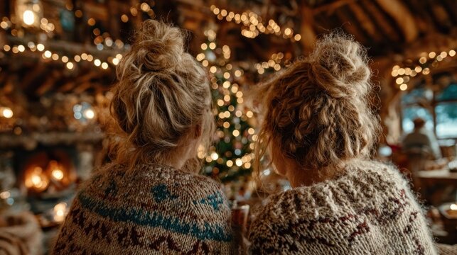 Two best friends decorating for Christmas at home, cozy winter vibes