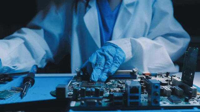 Professional technician soldering PCB circuit board with precision tools in electronics lab, showcasing hardware engineering, manufacturing, repair