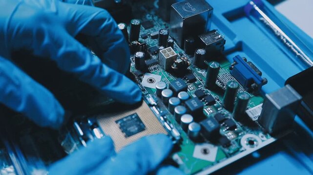 Professional technician soldering PCB circuit board with precision tools in electronics lab, showcasing hardware engineering, manufacturing, repair