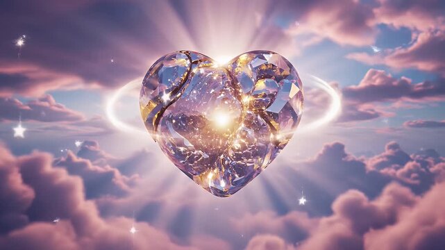 Floating Crystal Heart in Sky During Sunset