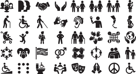 Obraz premium Black silhouettes of people with disabilities and social issues icons on white background