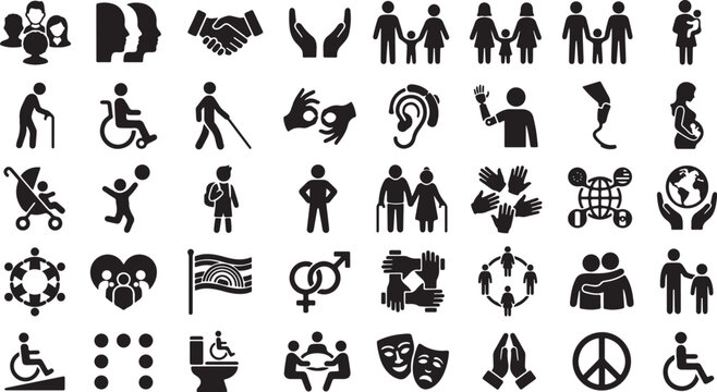 Black silhouettes of people with disabilities and social issues  icons on white background