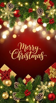 Festive christmas background with presents ornaments and holiday greetings