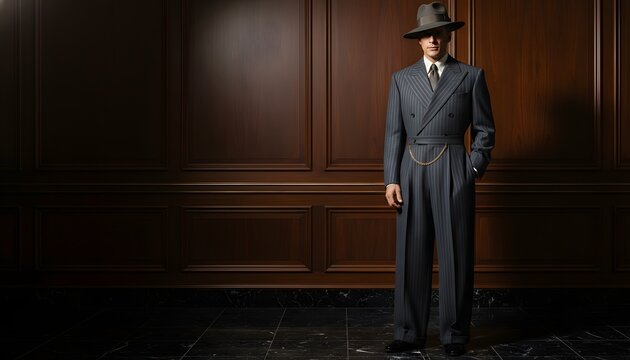 Elegant man in zoot suit standing in a classic wood-paneled room, representing vintage fashion and retro luxury concept with dramatic cinematic lighting