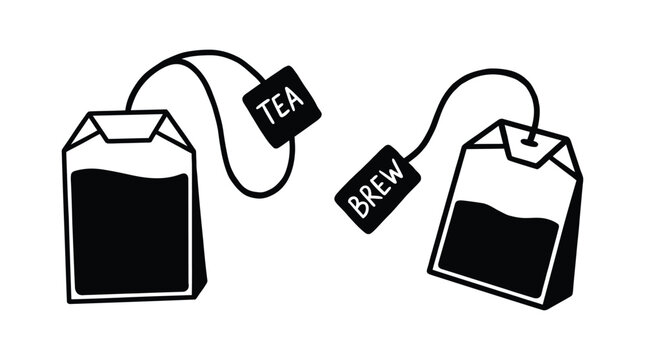 Two Tea Bags With Tags Black Silhouette On White Background
