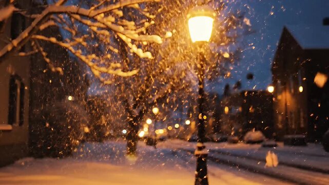 Snowy street at night with lamp post.