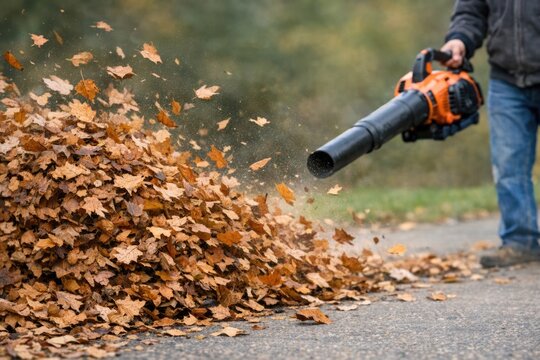 A person using a leaf blower to clear up leaves from the ground, great for autumn or fall season images