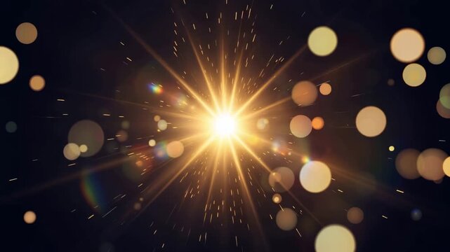 Sunlight flare with bokeh lights and abstract glowing particles in dark space 4k video